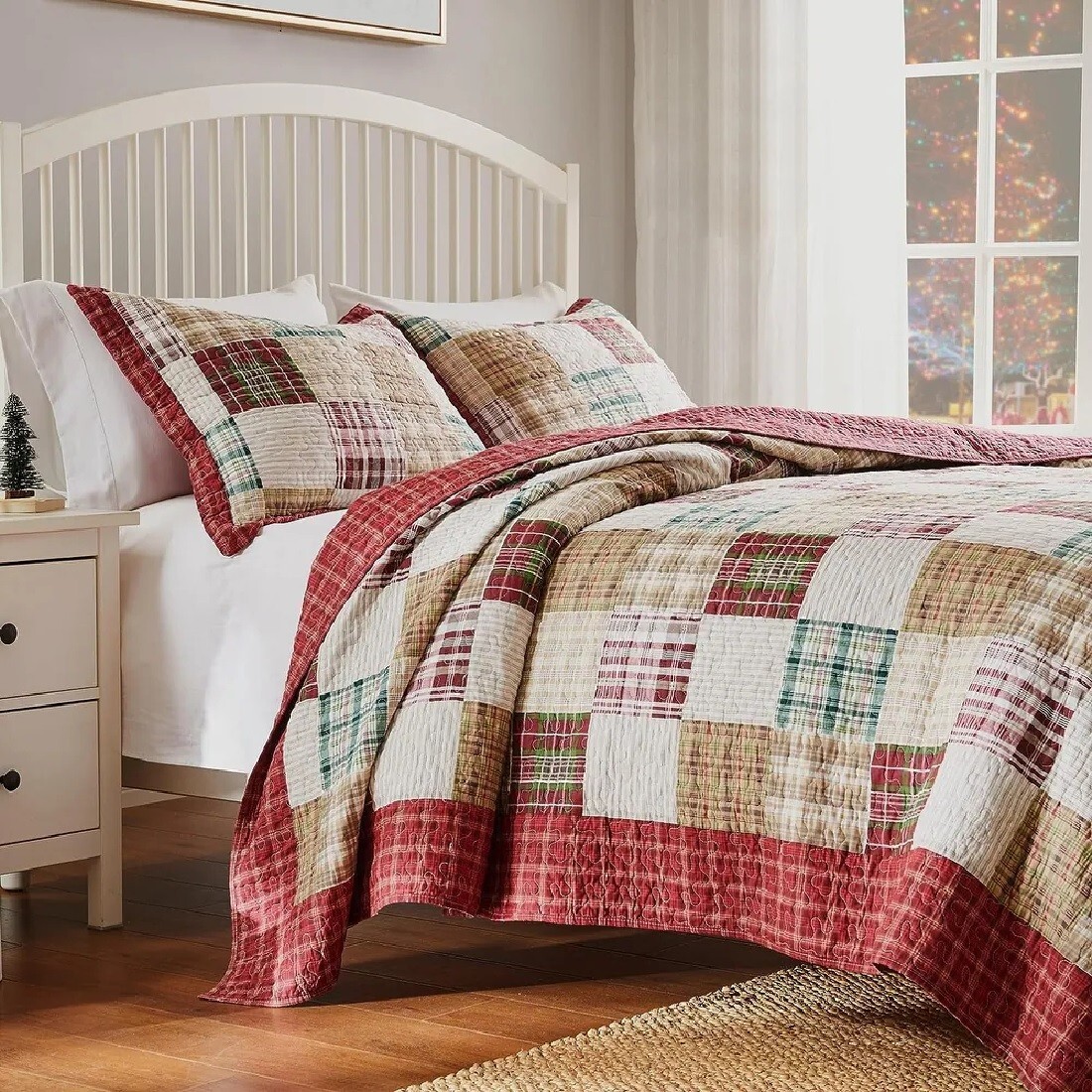 Quilt Set Red Tan Plaid Patchwork Twin Cotton Reversible Traditional Bedding gallery