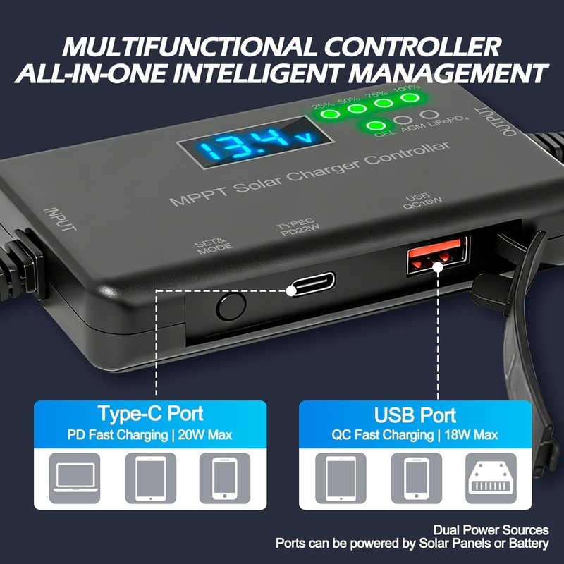 Solar Charge Controller 12V 20A Type-C USB for Solar Panel Gel, AGM LiFePO4 New gallery