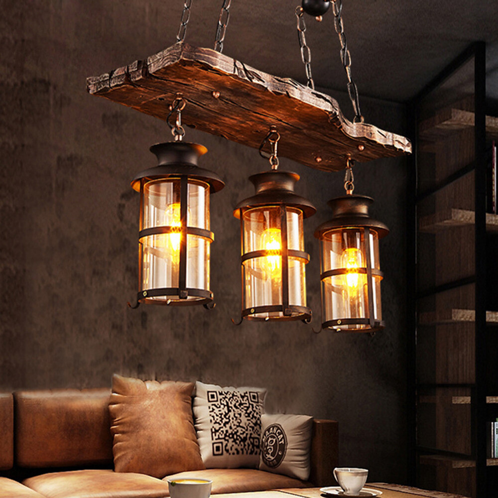 3-Light Farmhouse Loft Rustic Chandelier Wood Pendant Ceiling Light Fixture Lamp gallery