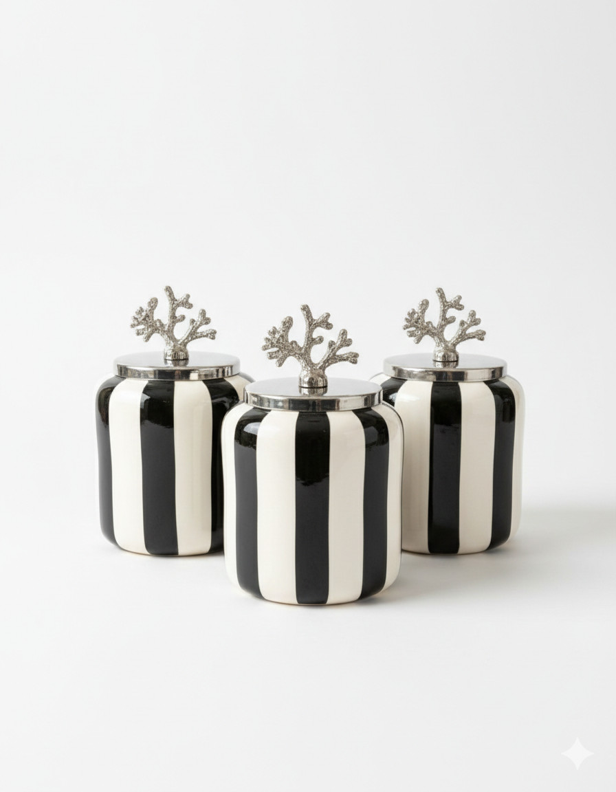 Black and White Striped Ceramic Canister Set with Silver Coral Lids - Set of 3 gallery