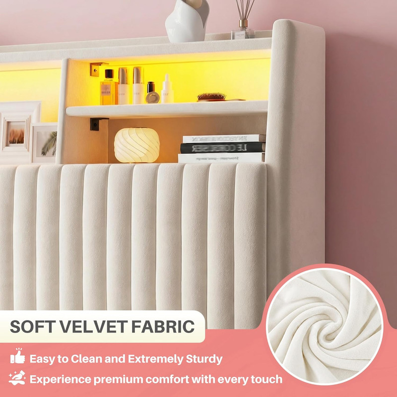 Full Size Bed Frame, Vertical Channel Tufted Headboard with Storage Shelves, Vel gallery