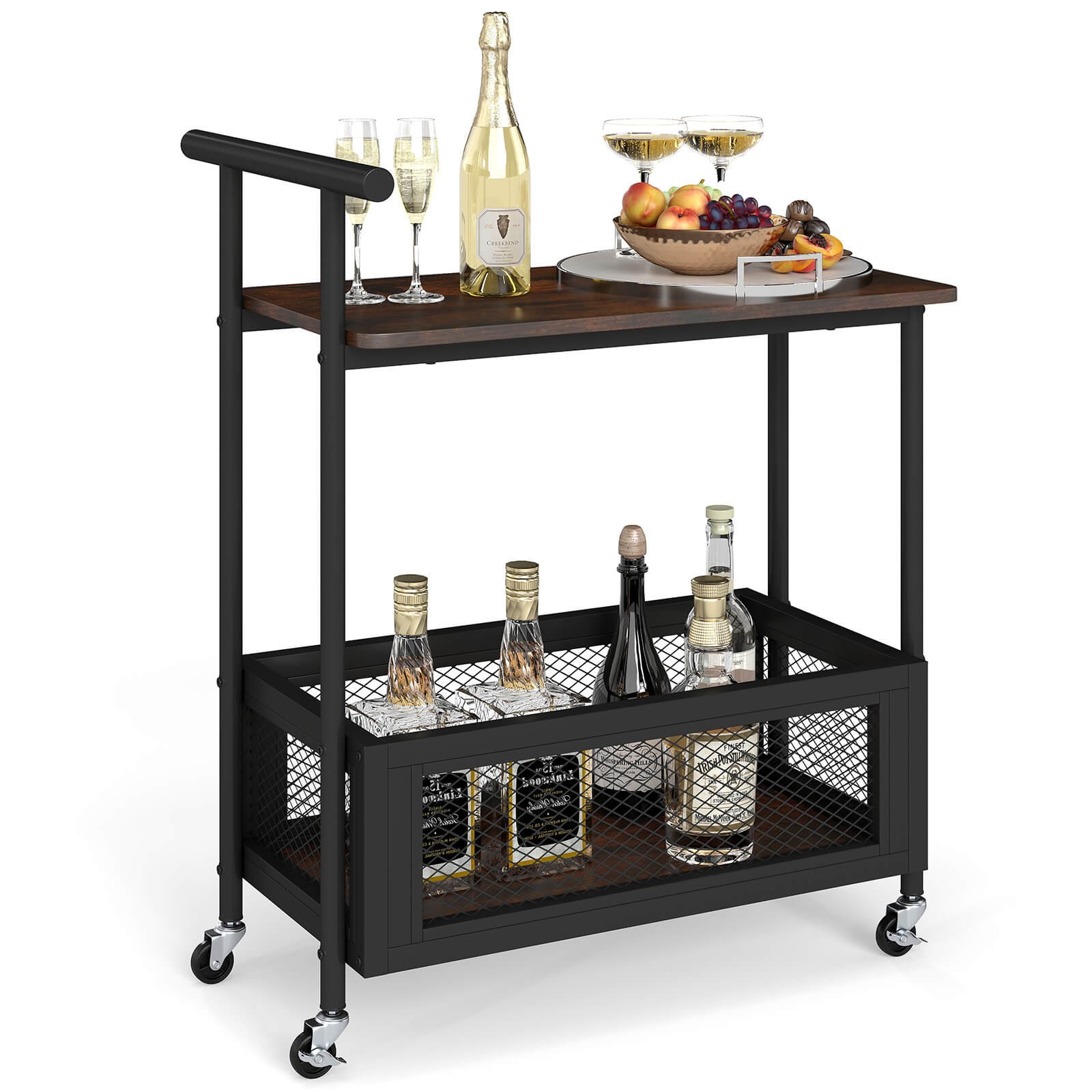 Rolling End Table w/Lockable Wheels Handle 2 Storage Shelves Industrial Bar Cart gallery
