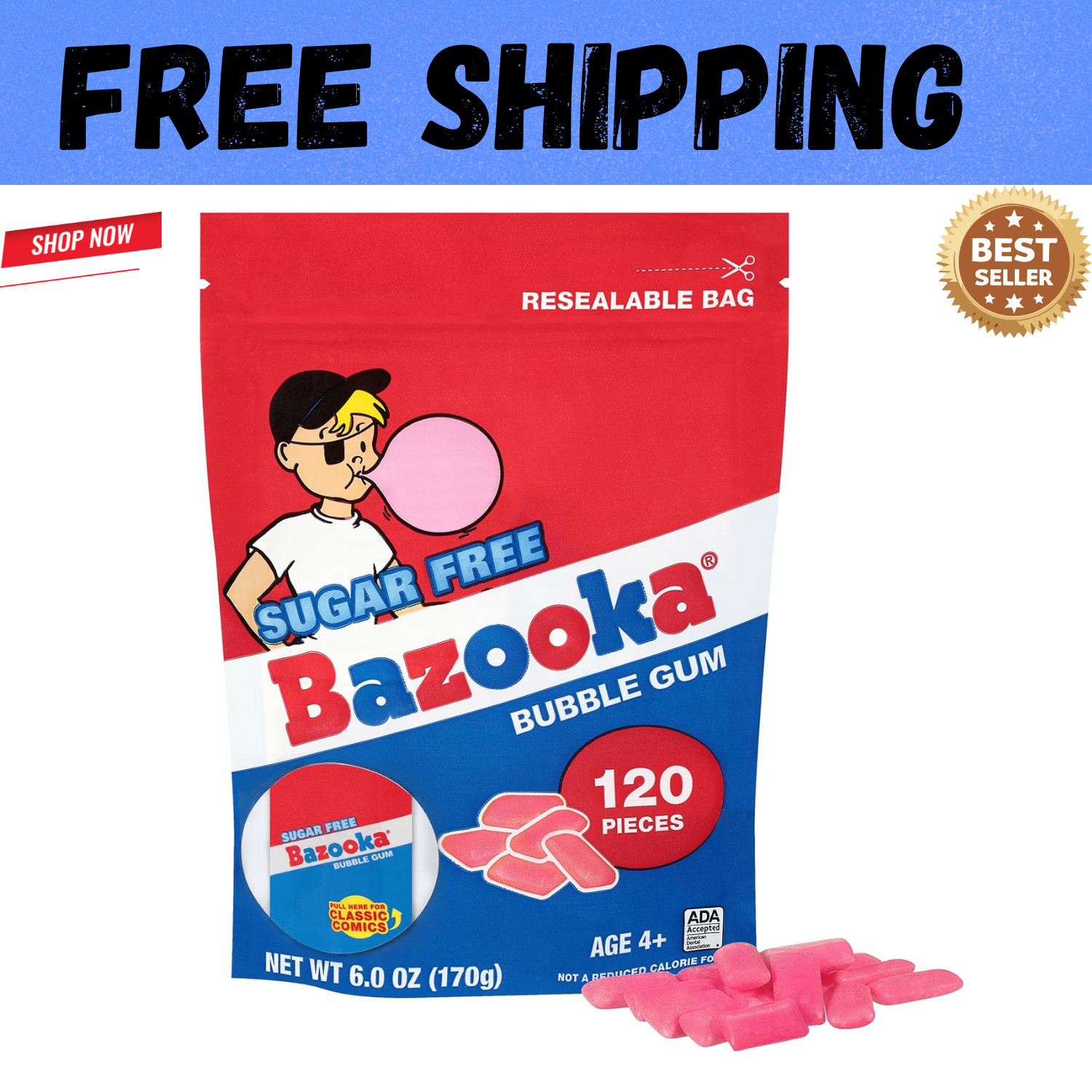 Bazooka Sugar-Free Bubble Gum Pellets Bag - 120 Count Bulk Gum, Original Flavor gallery