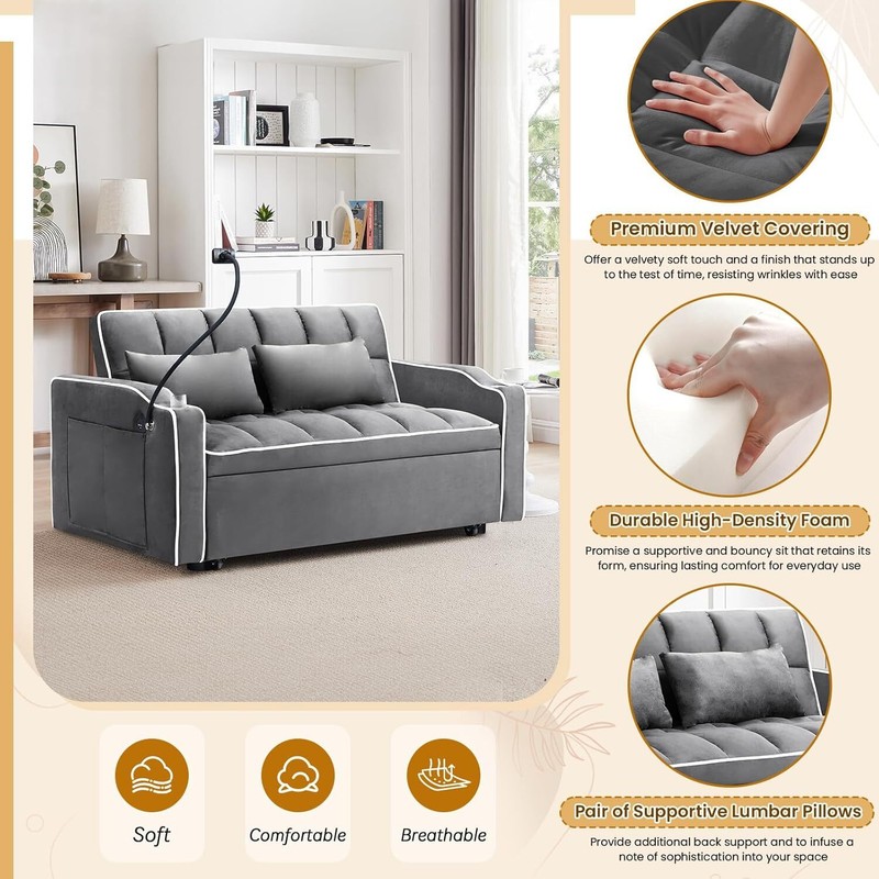 3 in 1 Convertible Pull-Out Sofa Bed Sleeper Couch With USB Ports & Phone Stand gallery