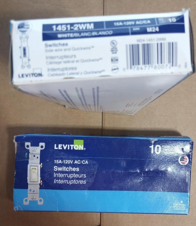 2X 10 pack = (20) LEVITON Standard Switches 1451-2WM Single-Pull White Free Ship gallery