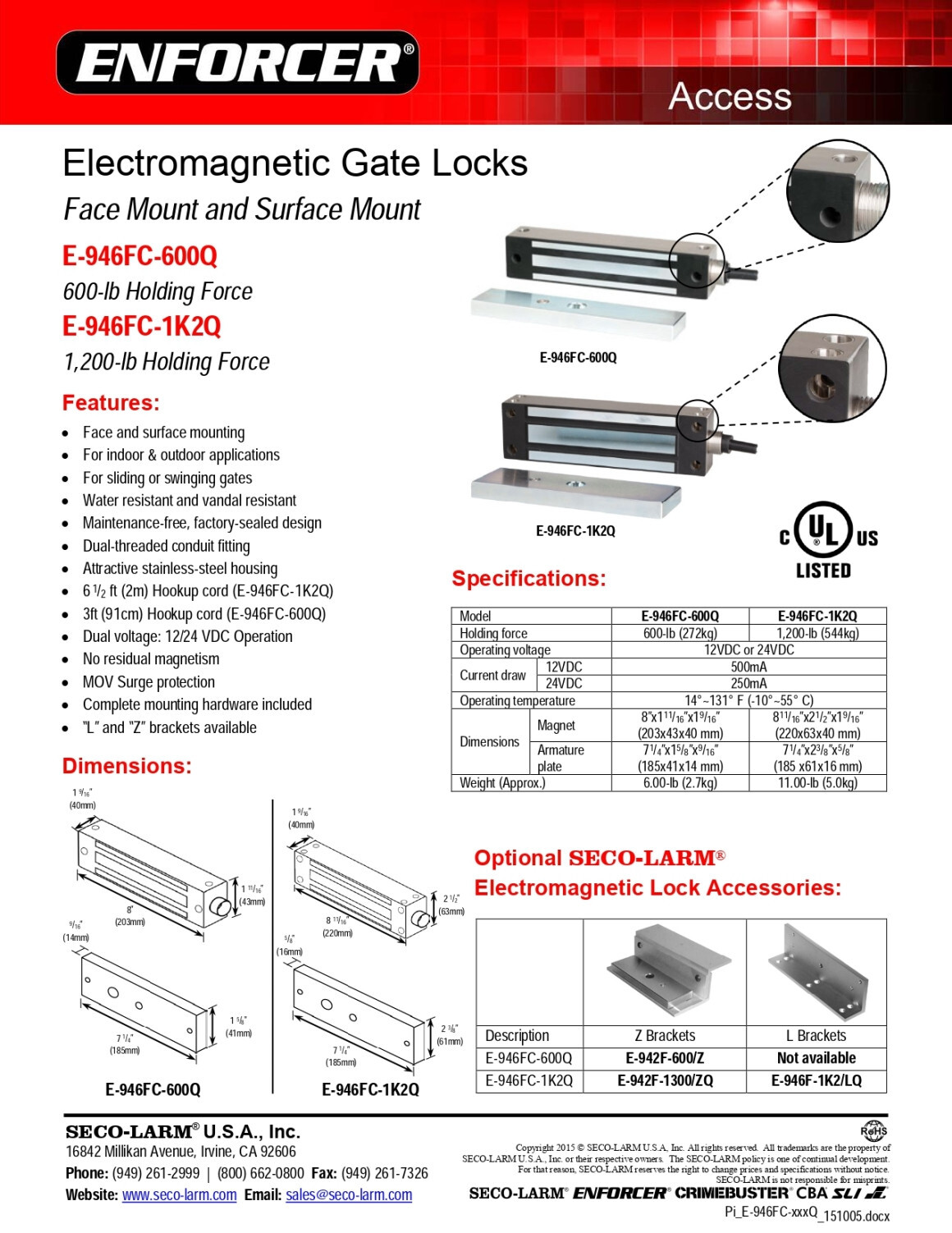 Seco-Larm E-946FC-600Q Electromagnetic Gate Lock, 600-lb Holding Force gallery