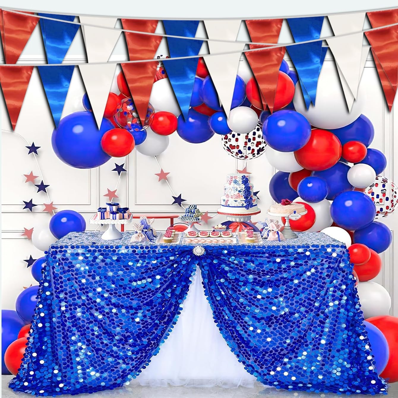 40M/130FT White Blue Red Triangle Pennant Banner Flag Metallic Fabric Bunting... gallery