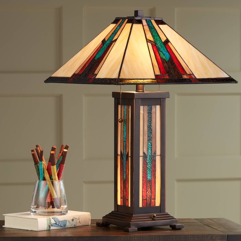 Tiffany Style Table Lamp with Nightlight Mission Bronze Art Glass Living Room gallery