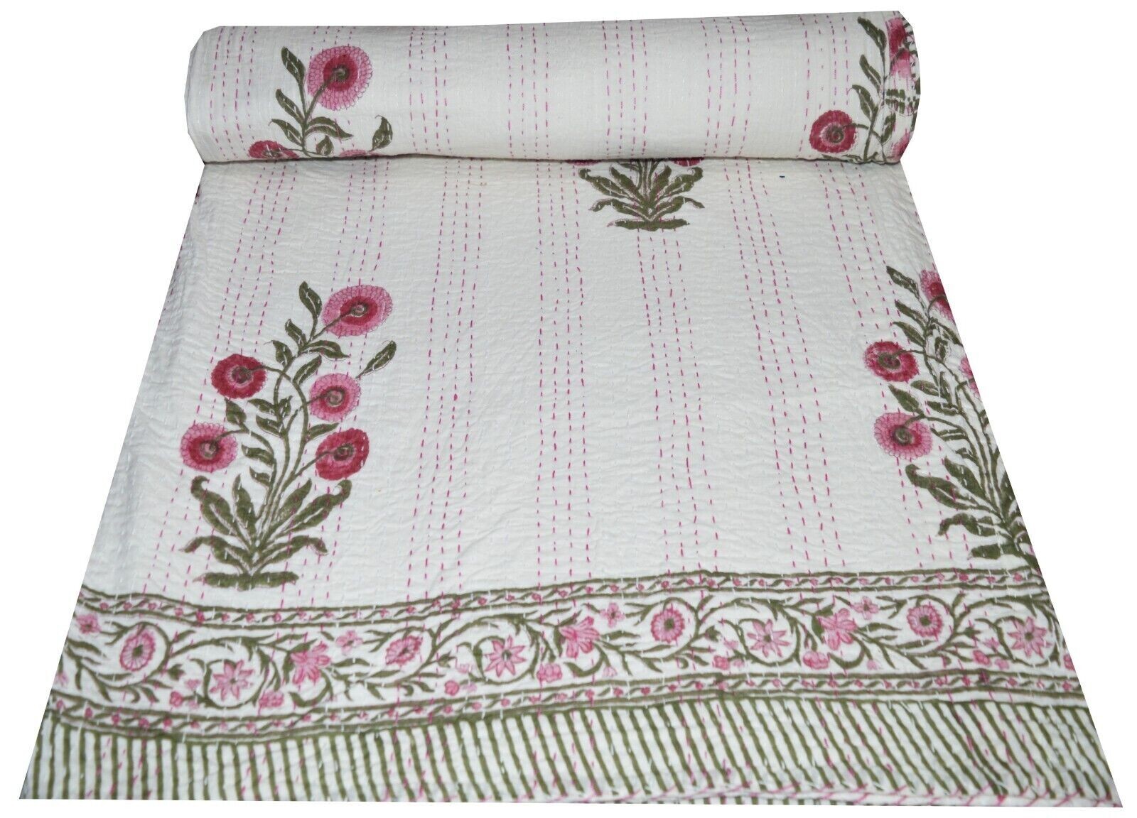 Indian Hand Block print kantha Quilt Throw Bedding Bedspread Quilt King Size gallery