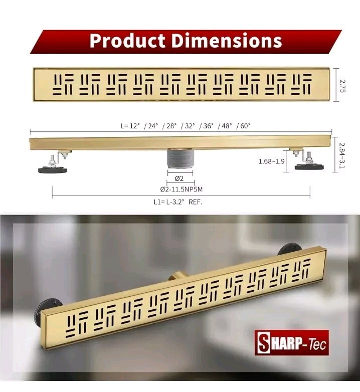 Sharp-tec 32 inch Linear Shower Drain Bathroom 092 Stainless Steel Gold gallery