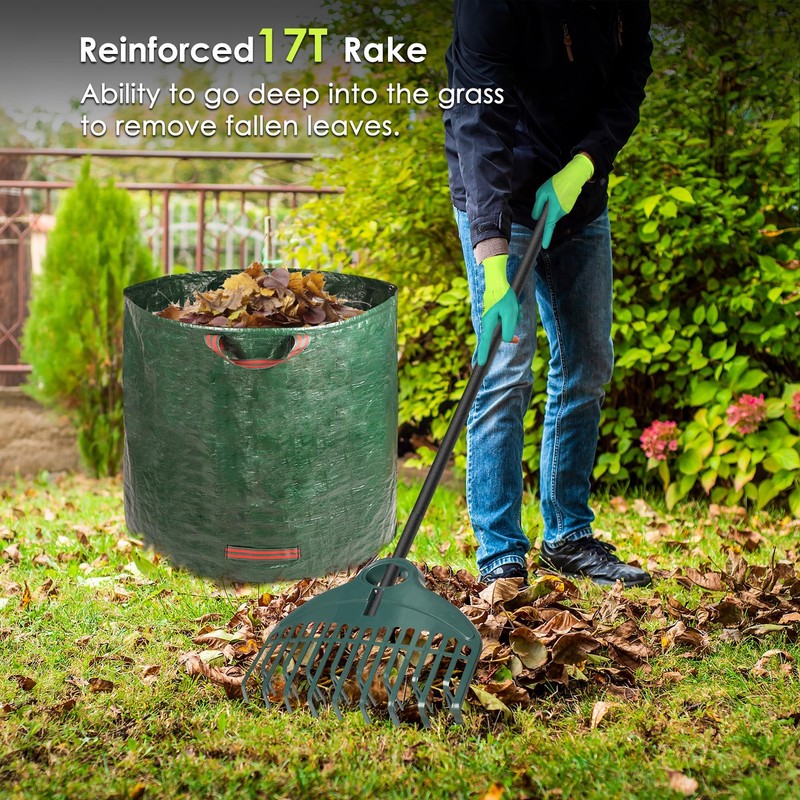 17Tines Double Row Garden Rake Set with 9Tines Leaf Hand Rakes, 272L Leaves B... gallery