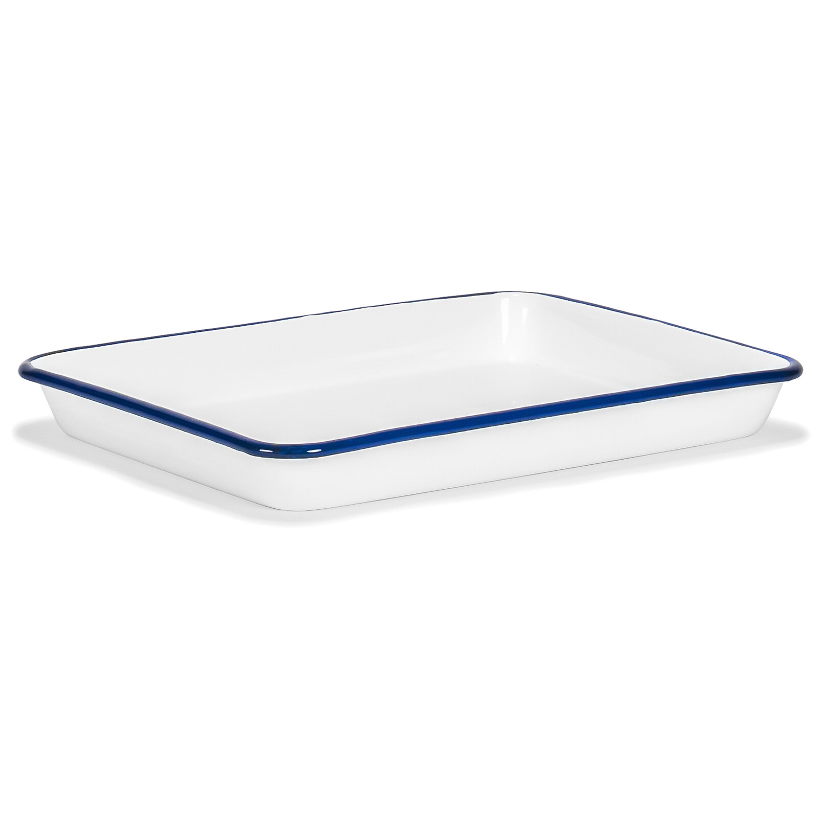 11" x 9" Enamelware Metal 2 Qt Rectangular Serving Tray, White/Navy Blue Rim gallery