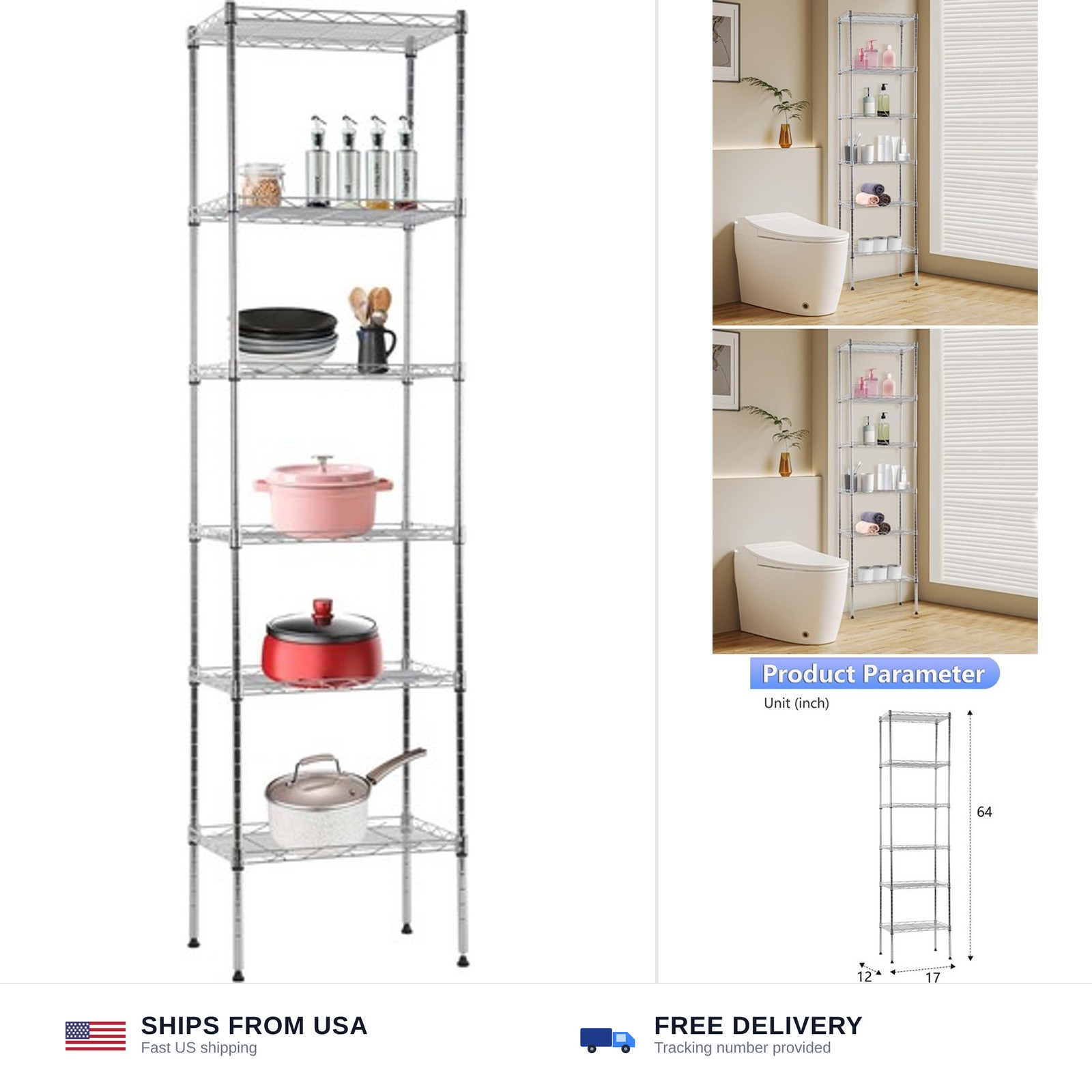 BestOffice | 6-Tier Wire Storage Shelves | 17x12x64 | Chrome | with Adjustabl... gallery