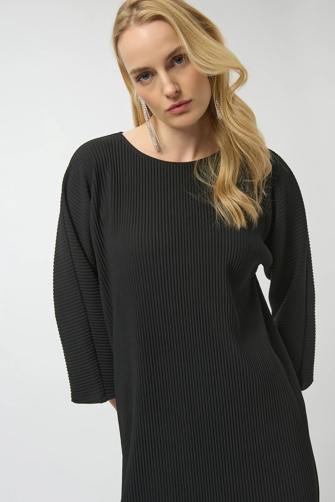 Joseph Ribkoff Black Crew Neck 3/4 Sleeves Pleated Dress 254214 gallery