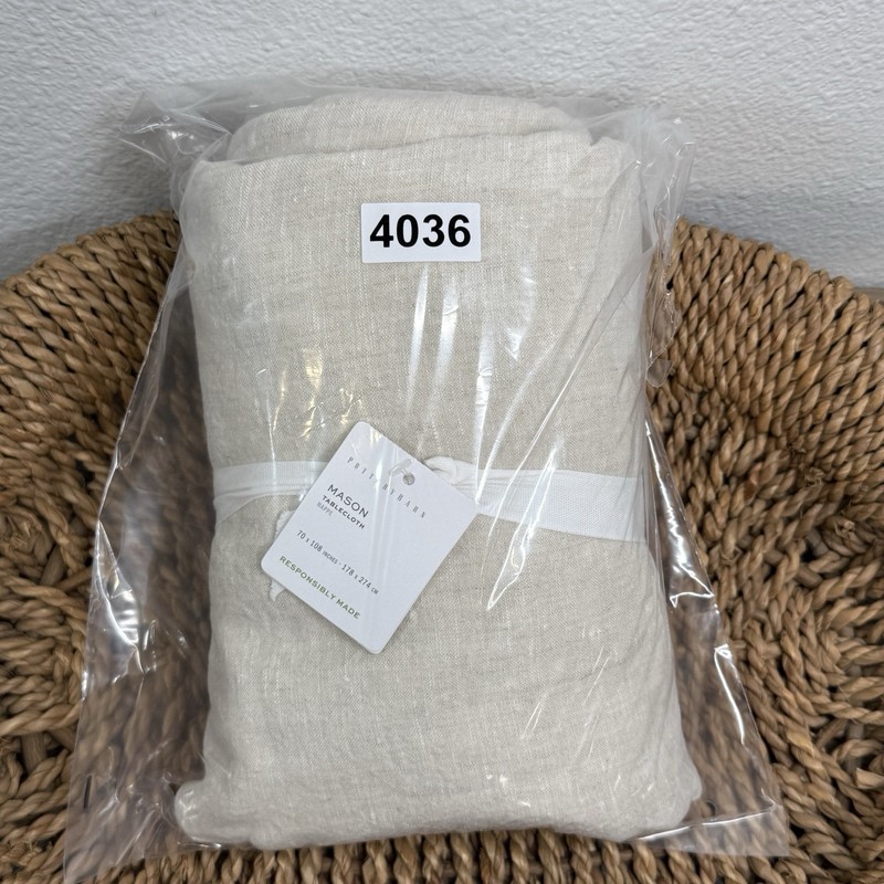 POTTERY BARN MASON OVERSIZED LINEN TABLECLOTH 70X108 FLAX BEIGE FARMHOUSE gallery