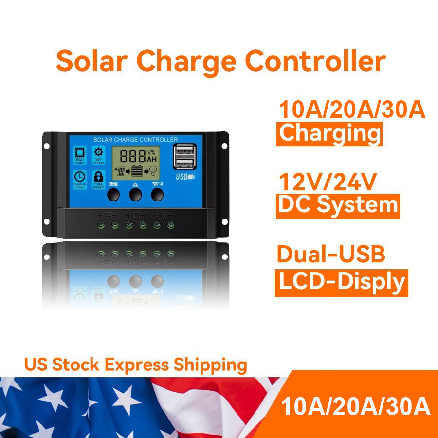 10A 20A 30A Solar Panel Charge Controller 12V/24V LCD Regulator Auto Dual USB gallery