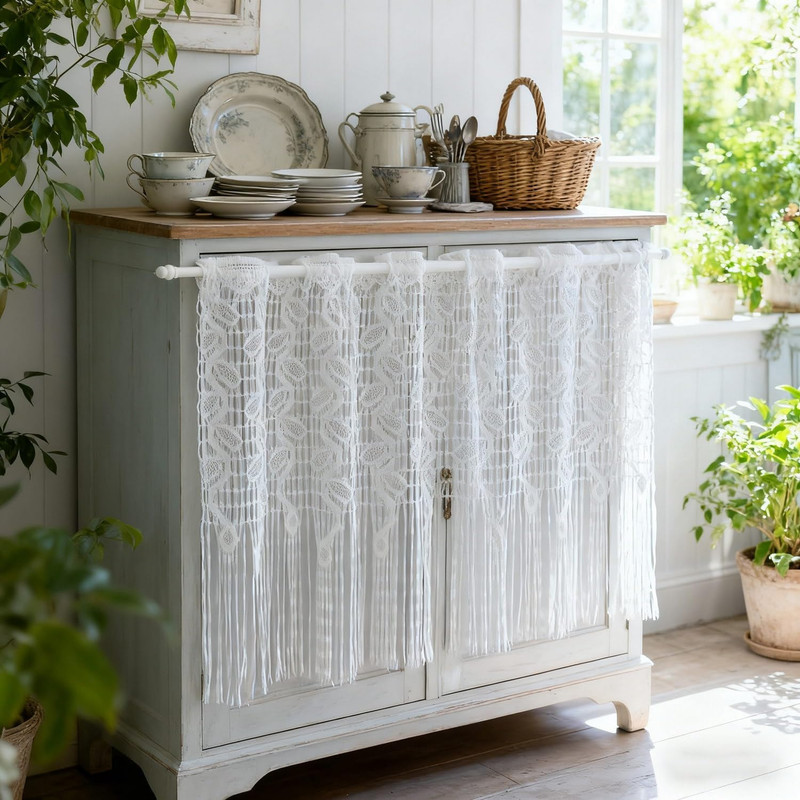 1 Panel White Lace Leaf Pattern Sheer Curtain Valance for Kitchen Small Window R gallery