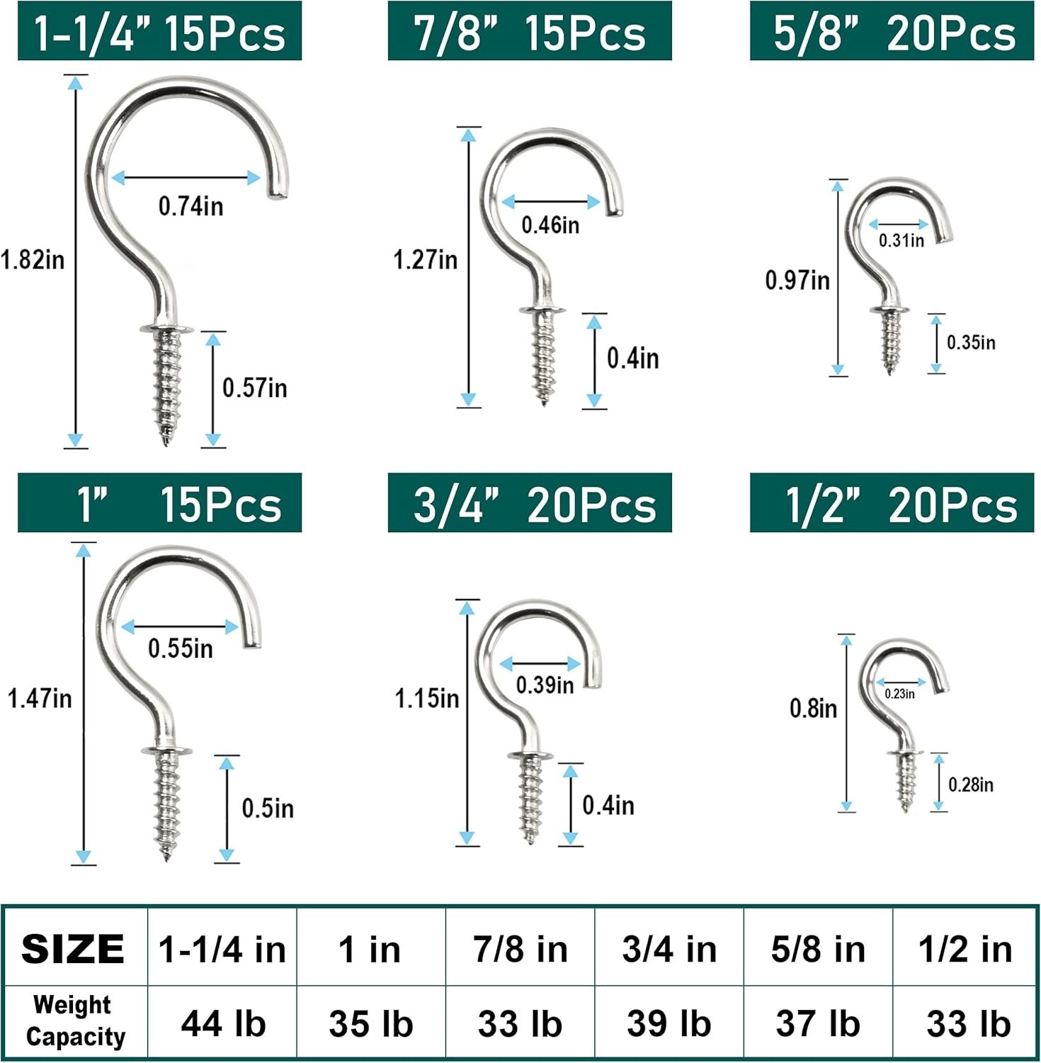 105 Pcs Screw Hooks - 6 Sizes Silver Cup Hooks for Hanging Metal 1/2" 5/8" 3/... gallery