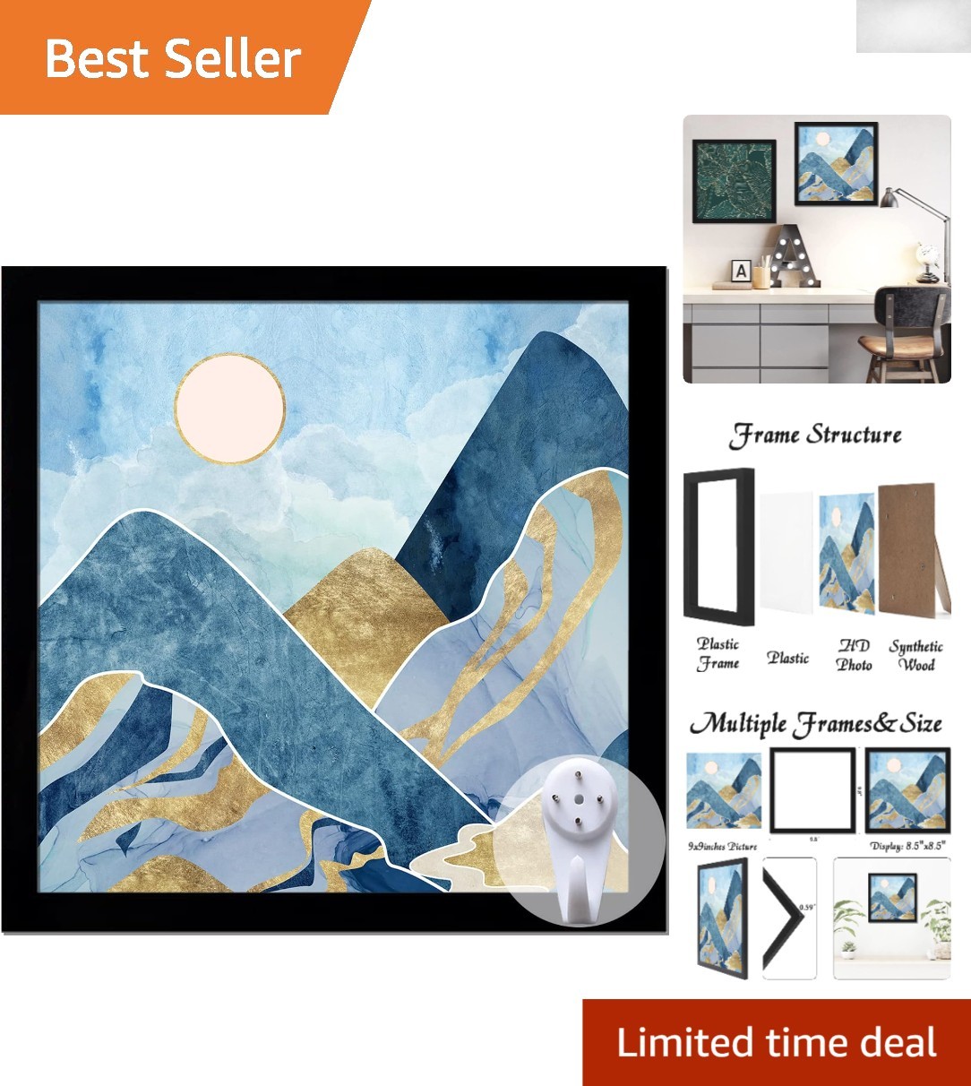 Versatile 9x9 Black Picture Frame: Display in Portrait or Landscape Orientation gallery
