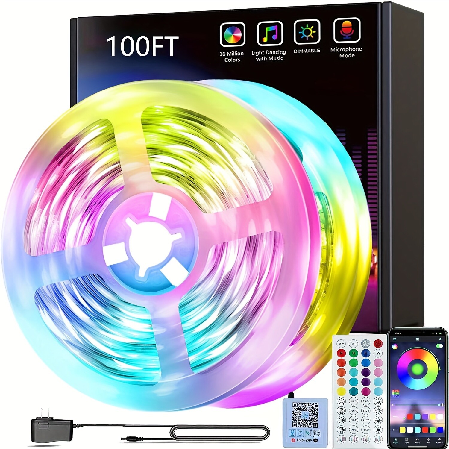 LED Strip Lights 100ft Music Sync Bluetooth White RGB Room Light with Remote 24V gallery
