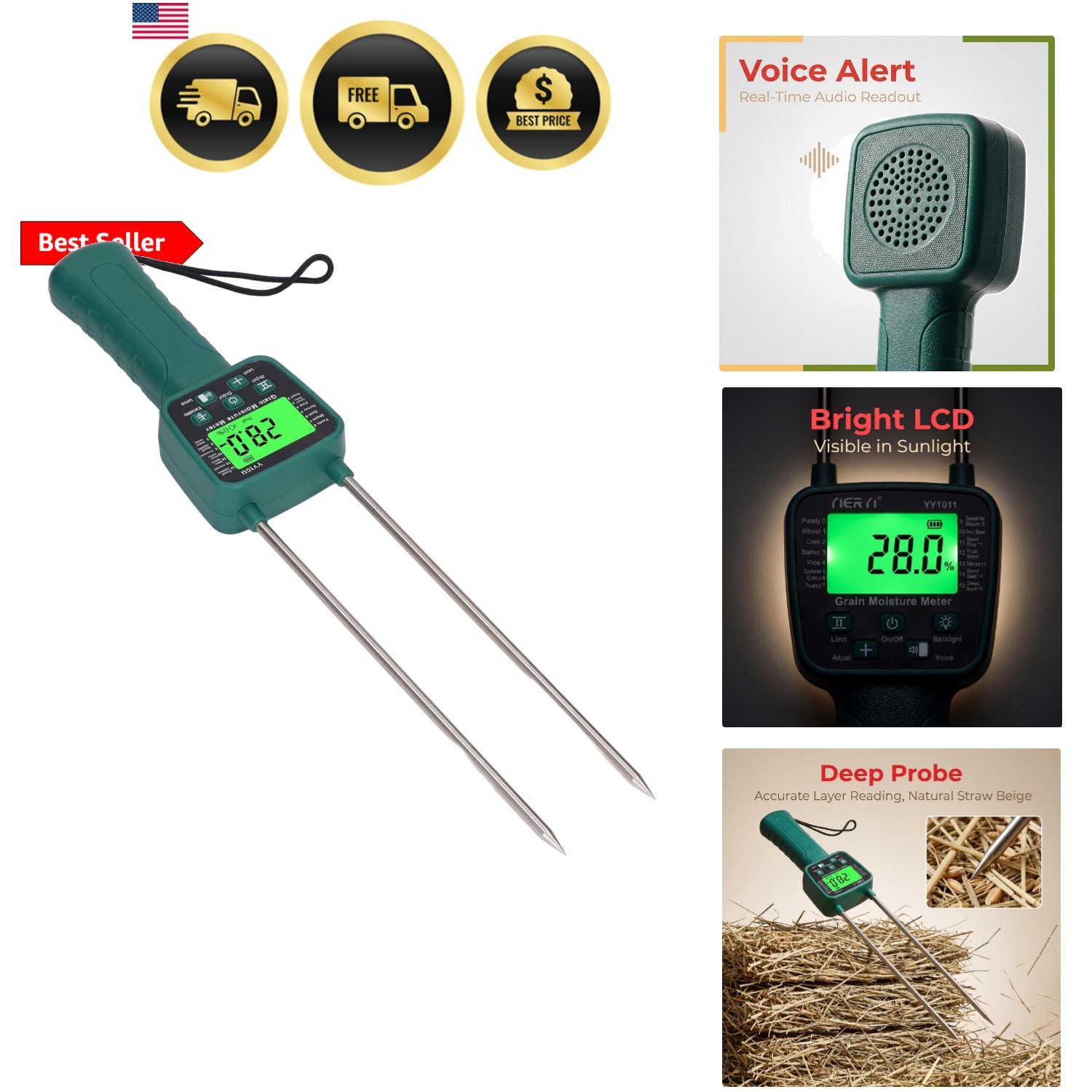 Digital Hay Moisture Tester Dual Steel Probe Grain Water Meter LCD Backlight ... gallery