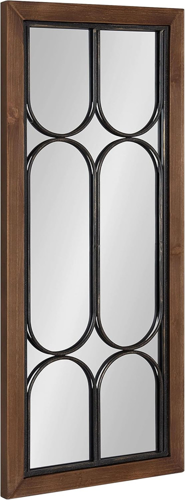 Walnut Brown Rectangle Wall Mirror with Geometric Iron Overlay, 13x30 Inches
