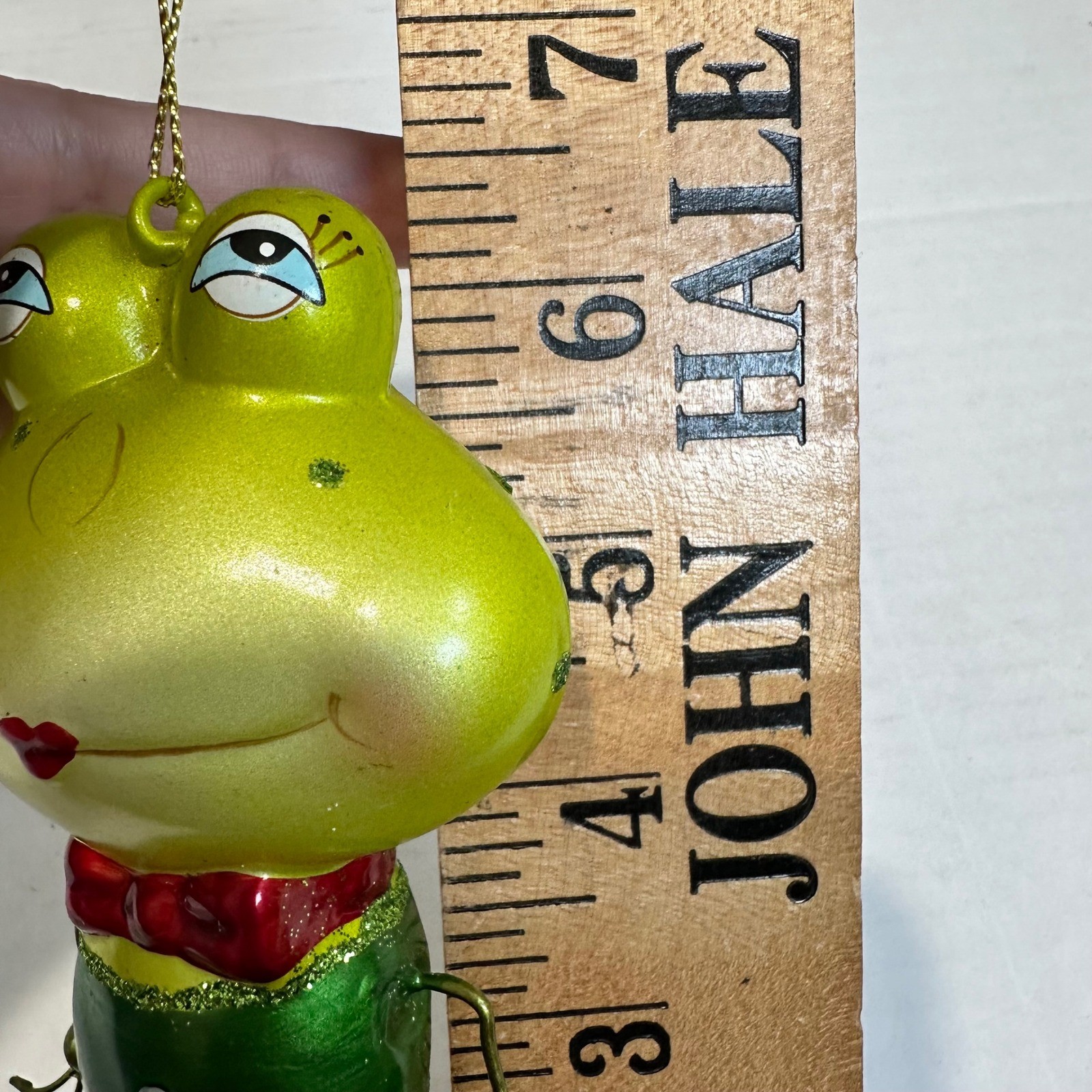Whimsical Hanging Frog Ornament Green Red Bow Missing leg gallery