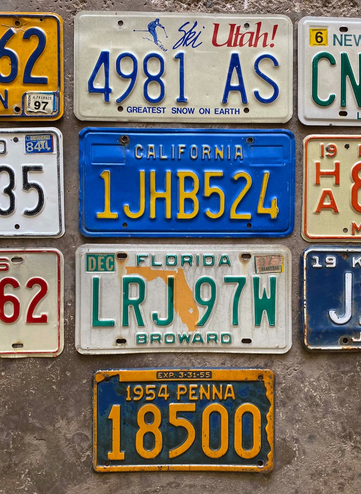 Vintage Craft Mixed State Decorator Flea Market License Plate Lot 1954 to 1998 gallery