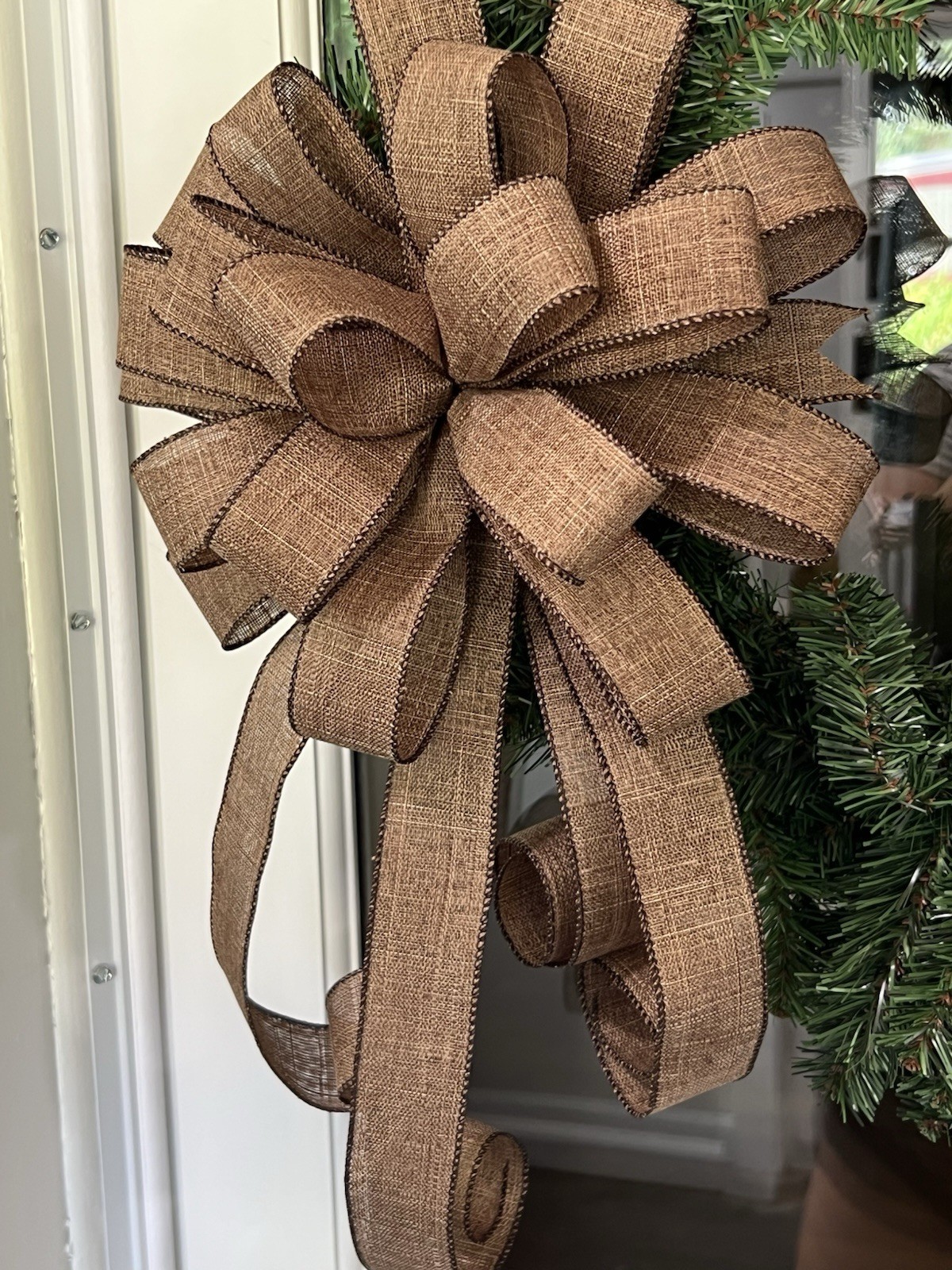 Handmade Dark Brown Rustic Burlap Holiday Bow 10 x 20 in. Wreath Swag Bow gallery
