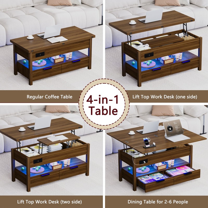 LED Walnut Lift Top Multi-Function Coffee Table with 2 Drawers &Charging Station gallery