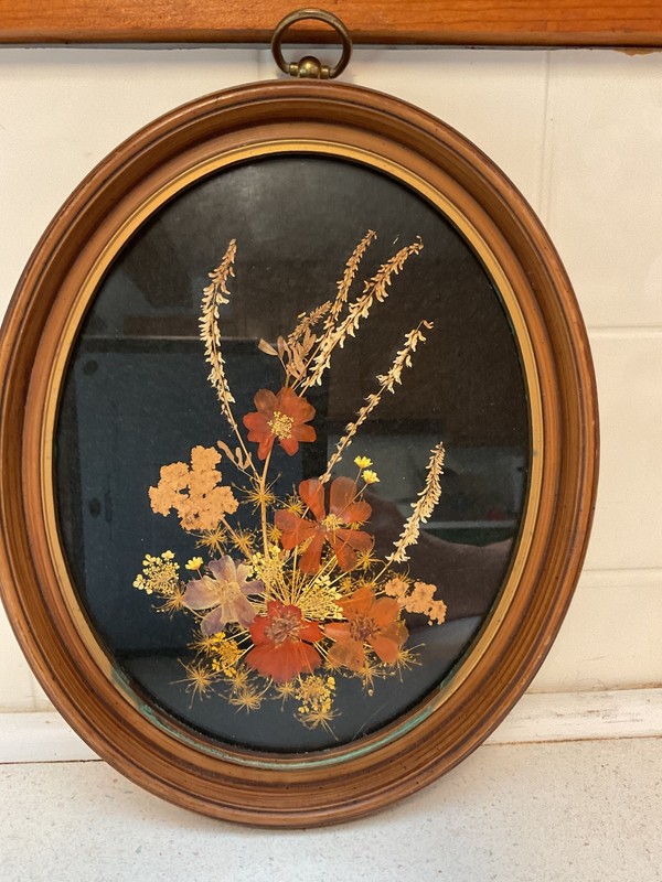 Oval framed dried flower seed pods still life wall décor, 11” H x 9” W Signed gallery