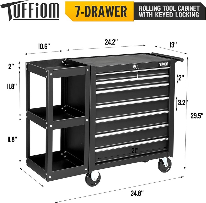 7-Drawer Rolling Tool Chest Tool Cabinet Storage Box with Side Shelves Workshop gallery