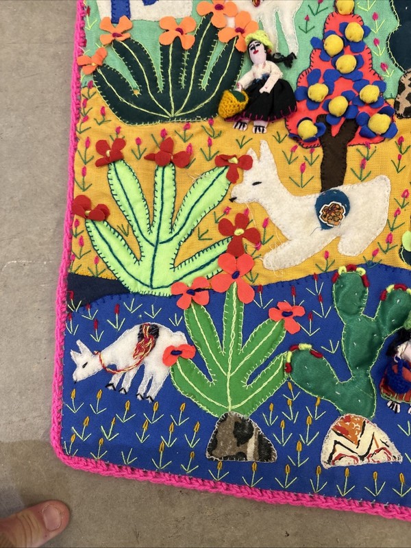 Handmade Peruvian Arpillera 3D Applique Wall Hanging 18x19 Andean Village Scene gallery