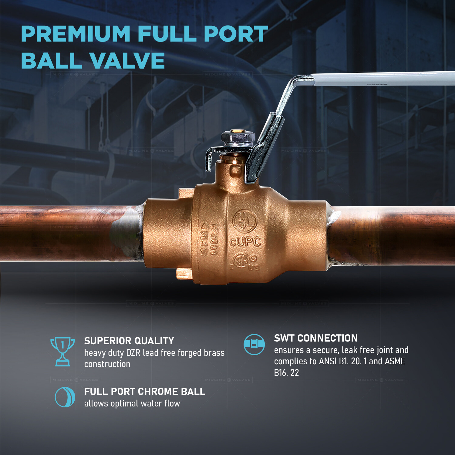Midline Valve SWT x SWT Full Port Brass Ball Valve - UL Listed FM Certif. gallery
