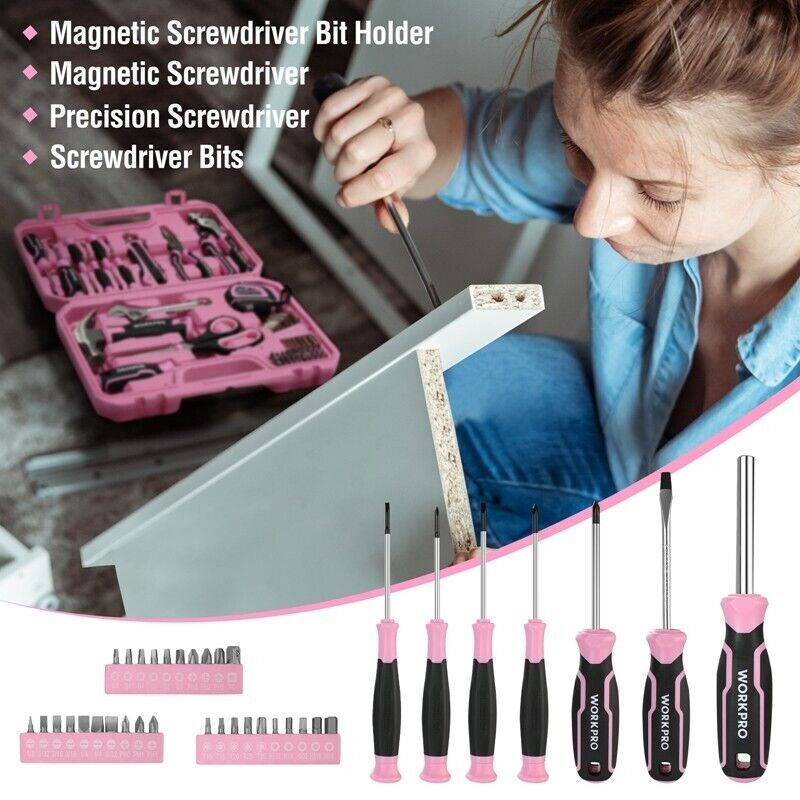 WORKPRO 52-Pieces Pink Tools Set Basic Tool Household Tool Kit w/Storage Toolbox gallery