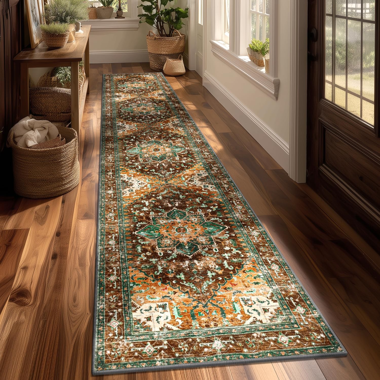 Yamaziot Washable Runner Rug, 2x10 Non-Slip Boho 2' x 10', Rust/Dull Teal gallery