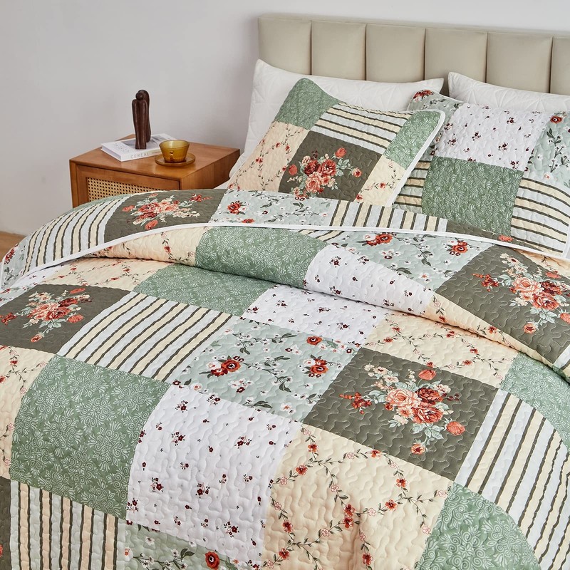 Patchwork Quilts Set King Size - 3 Pieces Floral Quilt Set Green White Plaid wit gallery
