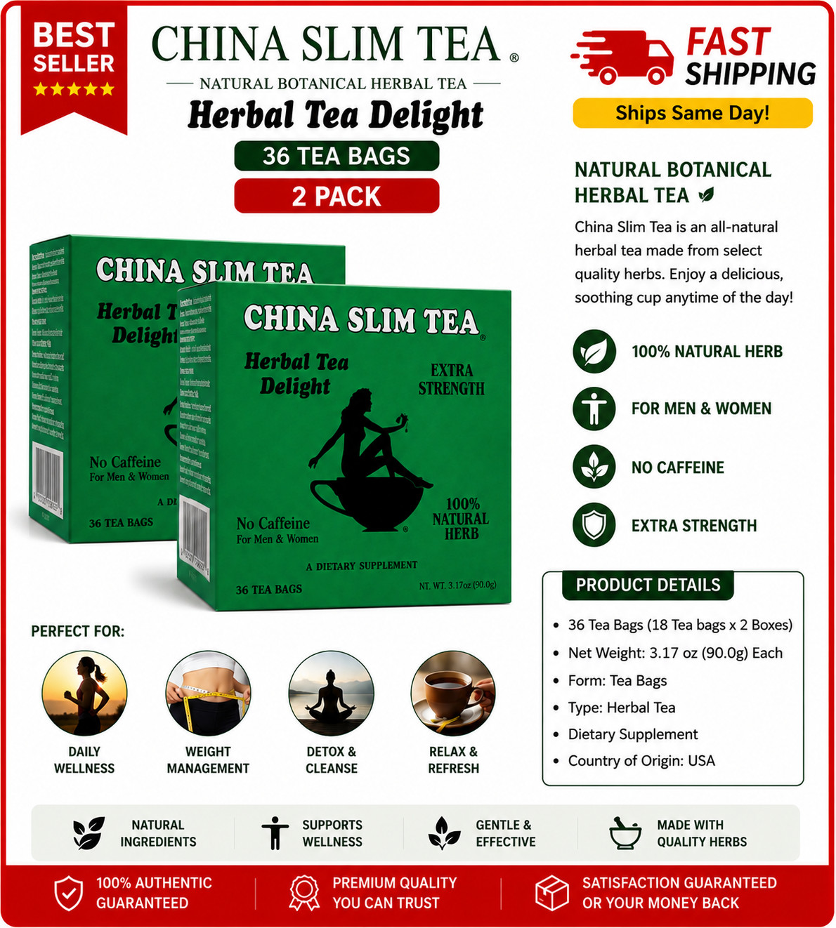 2 pack China Slim Herbal Tea Extra Strength Delight 36 Tea Bags Exp:2029 gallery