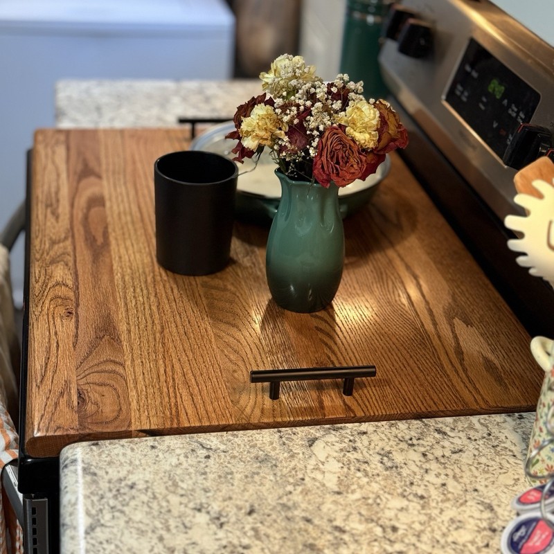 Solid Red Oak Stove Top Cover – Custom Fit Stove Top Board with Black Handles gallery