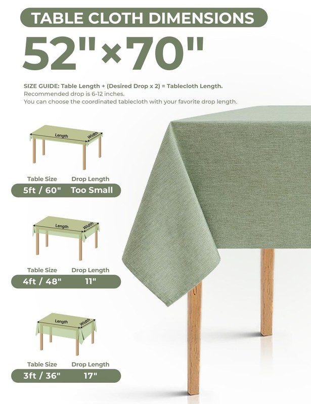 Waterproof Rectangular Tablecloth - Faux Linen, Washable, Farmhouse Style, 52x70 gallery