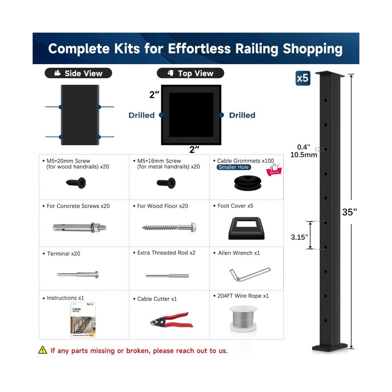 One-Stop Cable Railing Post Kit, 5 Pack Level Drilled Line Post 36", Fixed To... gallery