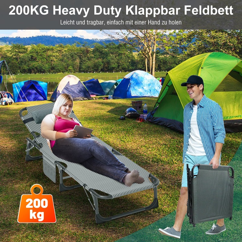 NAIZEA Camping Cot 4 Gears Adjustable Folding Chaise Chair Bed w/Mattress Pillow gallery