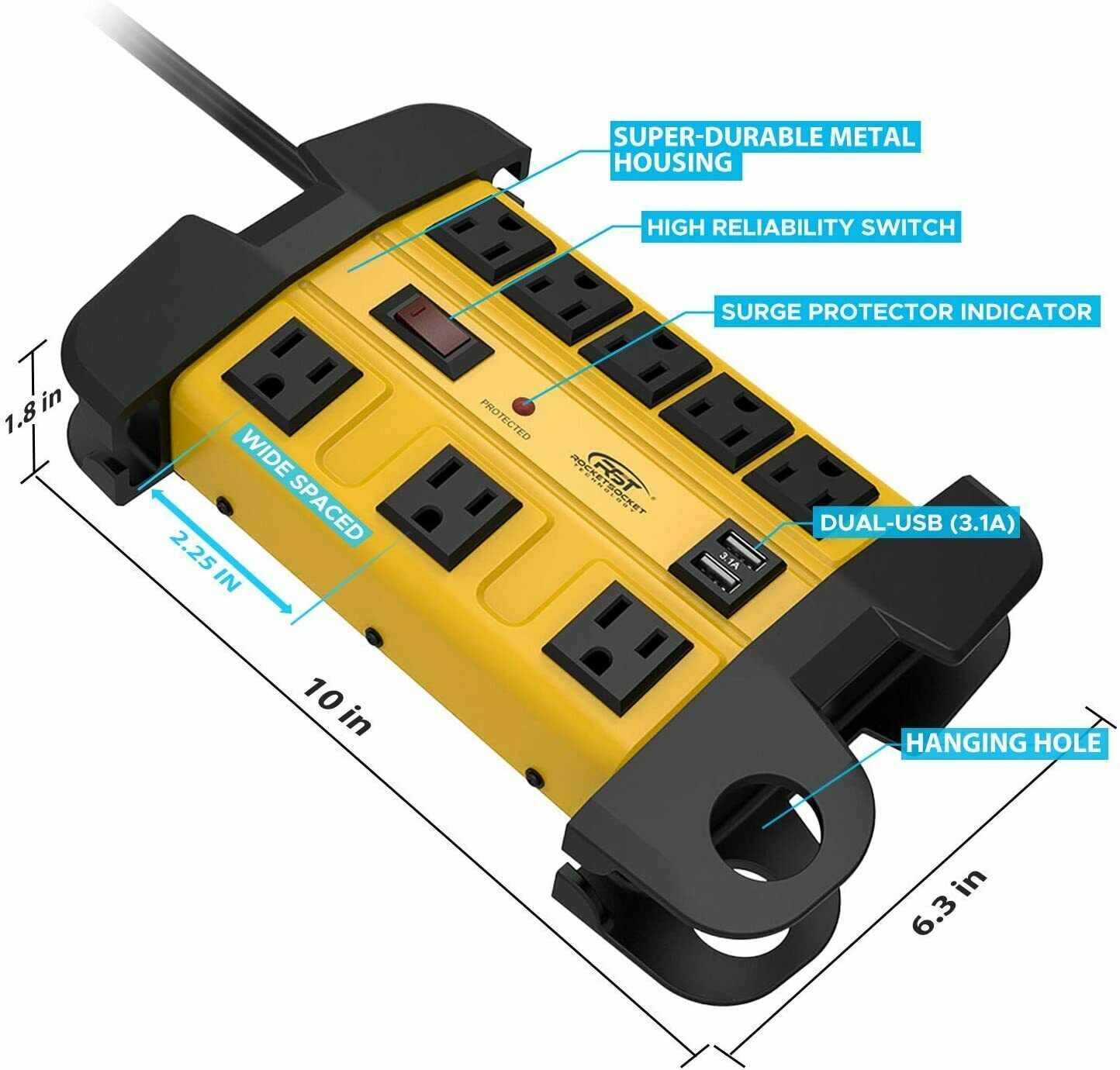 8 outlets+2 USB port,Heavy Duty Power Strip 1350J Surge Protector 15 feet cord gallery