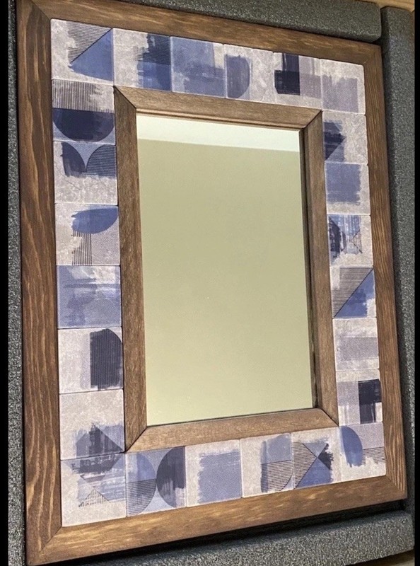 Handcrafted Wall Mounted Mirror in Solid Wood Frame with Pattern Marble Tile gallery