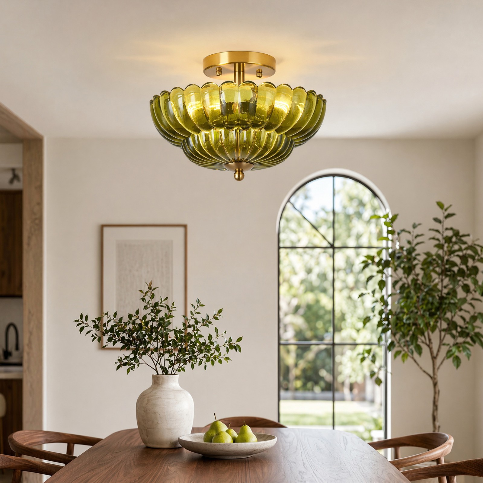 12" Semi Flush Mount Green Glass Ceiling Light Gold Base Fixture Hallway Kitchen gallery