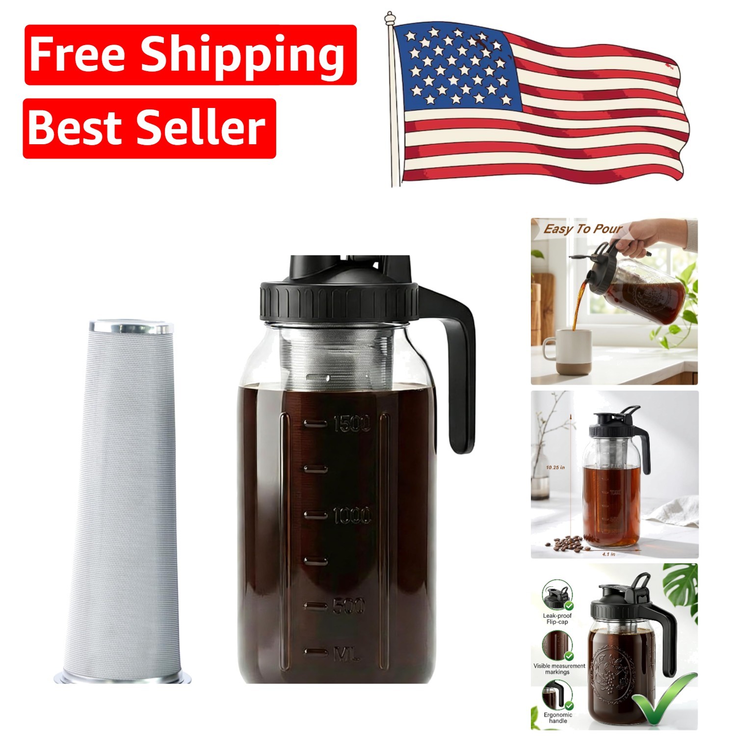 64 Oz Cold Brew Coffee Maker - Airtight Mason Jar with Stainless Steel Filter gallery