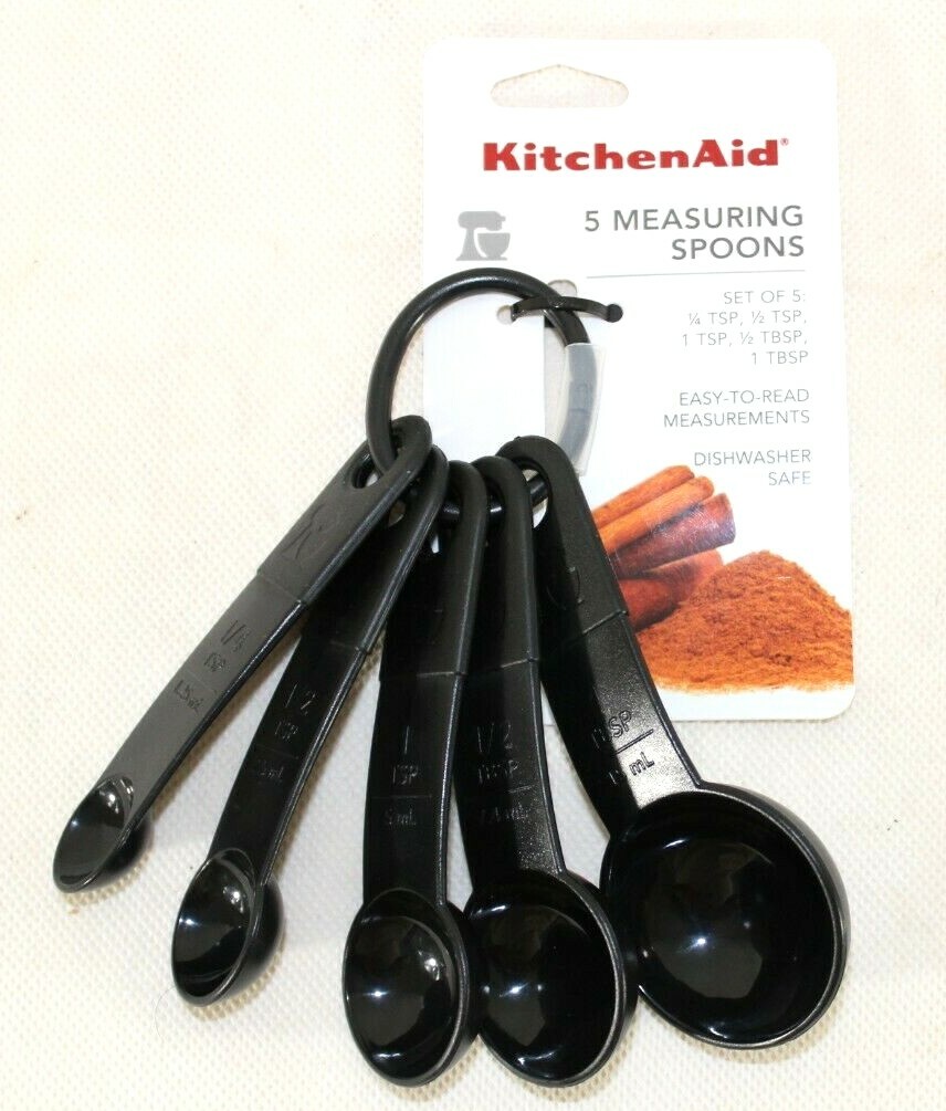 NEW Kitchenaid Classic Black Measuring Spoons Set of 5 1/4 1/2 1 tsp 1/2 1 Tbsp gallery