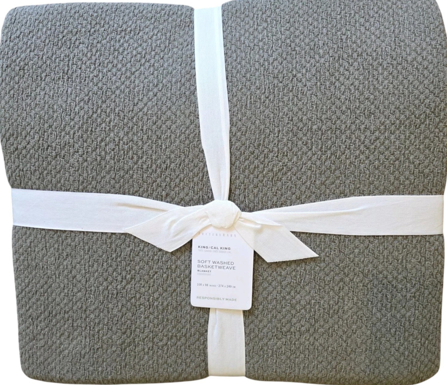 Pottery Barn Washed Cotton Basketweave King Blanket Loden Green 98x108 NEW gallery