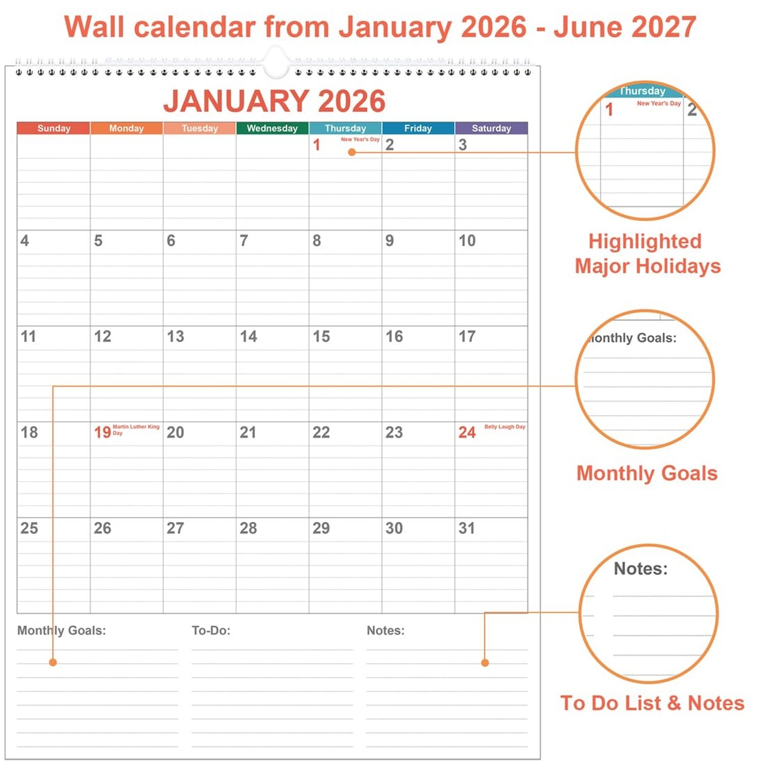 Large Calendar 2026 with Spiral Bound - 18 Month Big Calendar from January 20... gallery