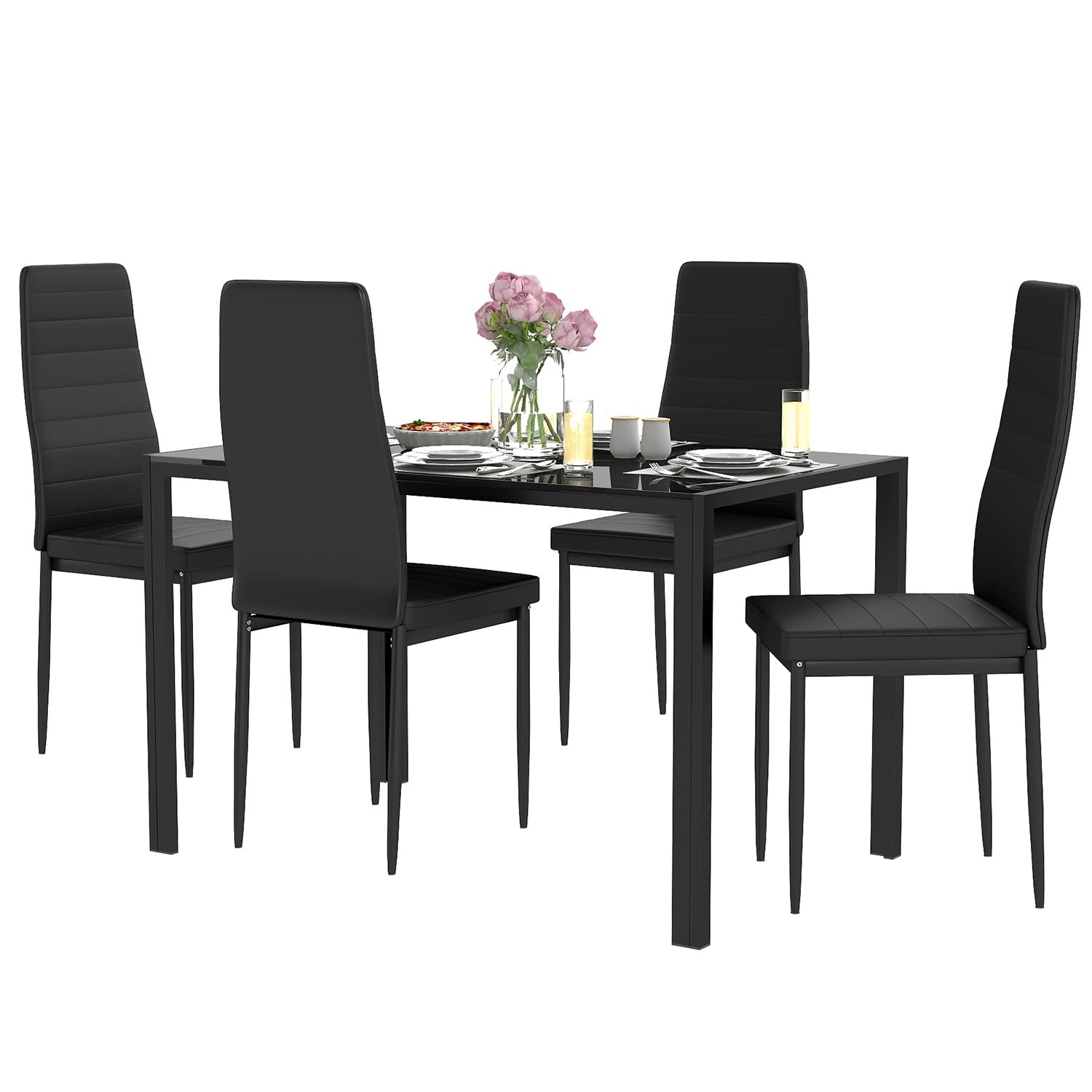 | Dining Table Set for 4 | 5-Piece Glass Black Dining Table | Kitchen Table w... gallery